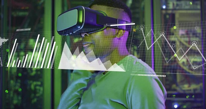 Animation of digital data processing over afrcian american iman with vr headset by computer servers