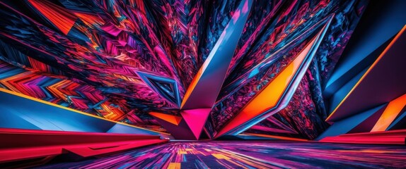 Vibrant abstract artwork featuring dynamic geometric shapes and colors, creating a futuristic, immersive atmosphere suitable for modern designs