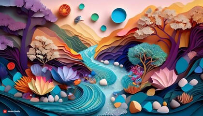 A paper cut painting of a serene river with vibrant trees and flowers