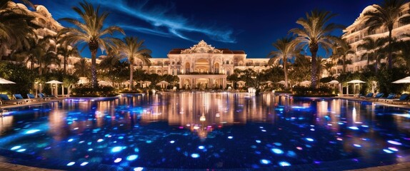 Naklejka premium Elegant luxury resort with illuminated pool and palm trees, exuding tranquility at night Ideal for relaxation and tropical vacations