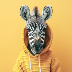 Funny zebra in yellow hoodie, creative minimal concept on yellow background. Hipster lama in fashionable outfit for sale, shopping, advert