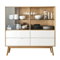 Modern wooden cabinet displaying glassware and dishes for storage and decoration.
