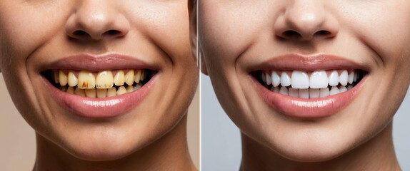 Showcases dramatic smile transformation with teeth whitening procedure highlighting enhanced appearance and improved confidence  Represents dental aesthetics