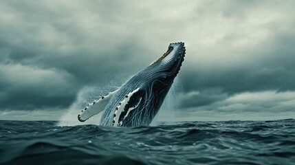Fototapeta premium A humpback whale leaps out of the water against a backdrop of stormy clouds.
