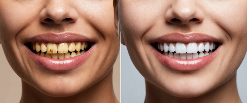 Showcases dramatic smile transformation with teeth whitening procedure highlighting enhanced appearance and improved confidence  Represents dental aesthetics