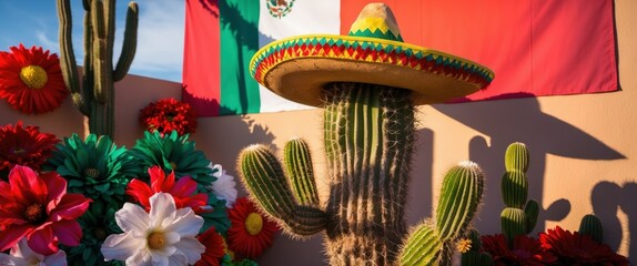 Obraz premium Bright cactus adorned with sombrero in front of Mexican flag and colorful flowers, creating a vibrant and festive celebration atmosphere