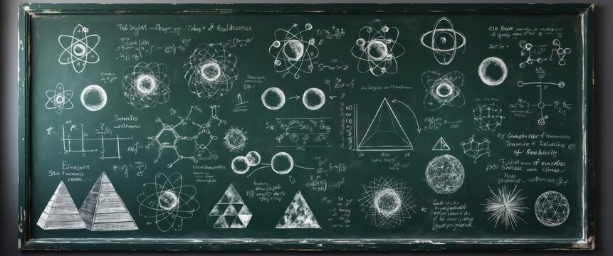 Chalkboard filled with scientific diagrams and formulas, showcasing various mathematical concepts, ideal for education and learning environments