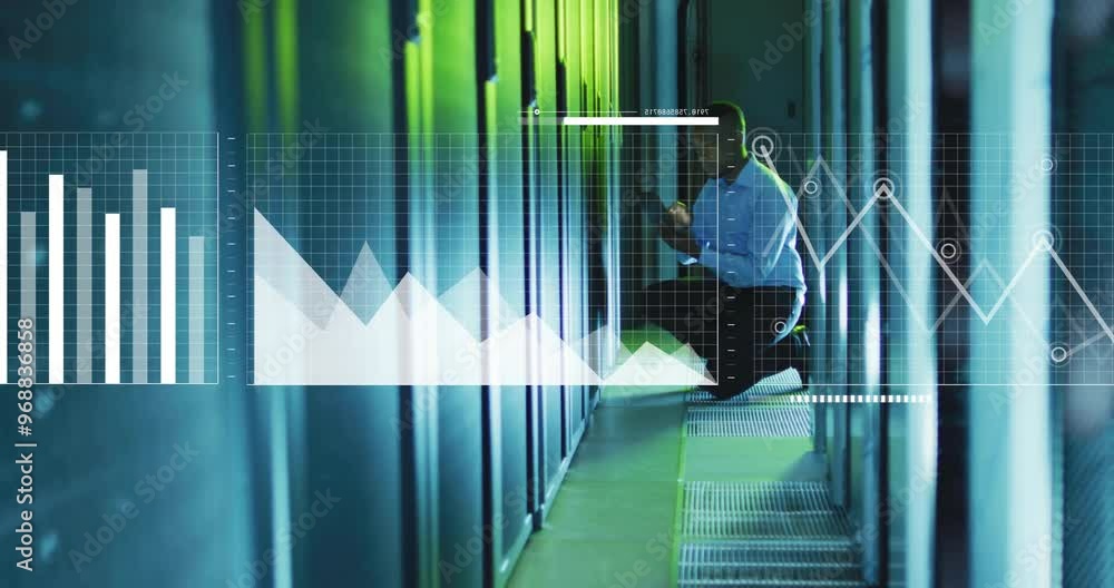 Poster animation of digital data processing over afrcian american it man with laptop by computer servers