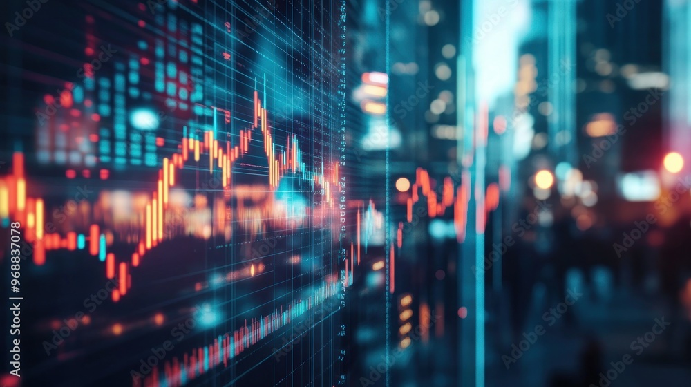 Poster stock market data displayed on a screen with a blurry cityscape in the background