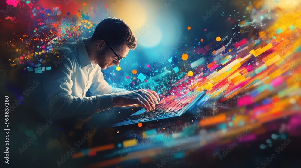Poster Man Typing on Laptop With Colorful Abstract Background