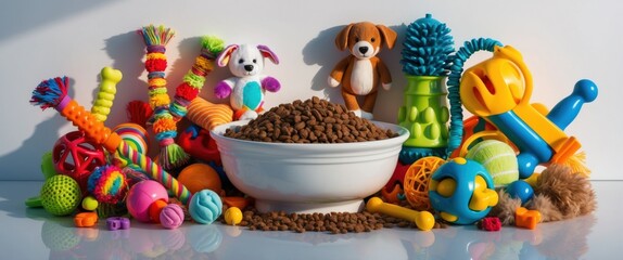 Fototapeta premium Colorful array of pet toys and a bowl of dog food arranged for playful puppy activities and pet care, promoting engagement and companionship