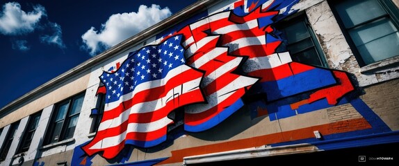 Vibrant mural featuring American flag design, showcasing patriotism and urban culture through bold colors and artistic expression in a dynamic setting