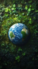 Earth Embedded in Lush Green Foliage - Symbol of Nature's Beauty and Fragility