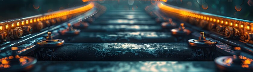 A captivating view of an industrial conveyor belt with glowing lights, evoking a futuristic atmosphere in a factory setting.