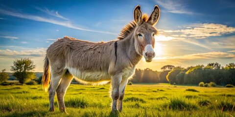 A majestic donkey stands proudly, its hindquarters robust and rounded, displaying a soft, fluffy coat with a subtle sheen, sun-kissed by a warm afternoon.