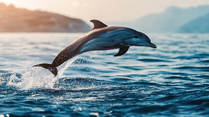 Fototapeta premium A dolphin leaps out of the water, its sleek body silhouetted against the setting sun.