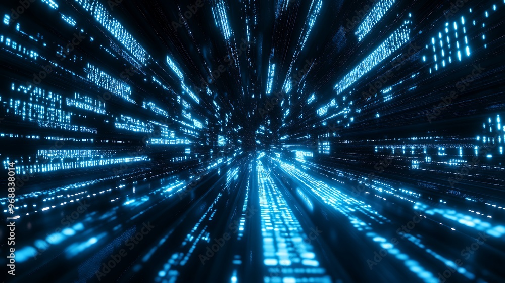 Poster long exposure image of digital data flowing through dark space representing rapid and precise inform