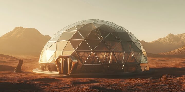 Exploring a Martian colony with a geodesic dome house designed for terraforming on the surface of Mars