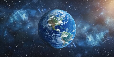 Earth viewed from space highlighting continents, oceans, and atmospheric features against a backdrop of stars and cosmic clouds