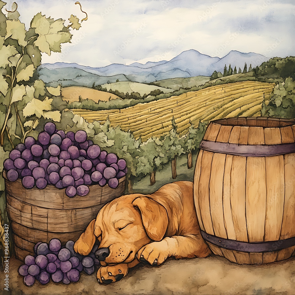 Poster A Dog Napping in a Vineyard with Grapes and a Barrel.