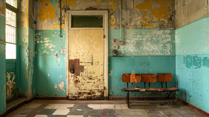Empty hospital corridor with teal walls and a single closed door in the early afternoon