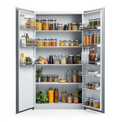 Organized refrigerator filled with jars, bottles, and fresh ingredients for meal preparation.