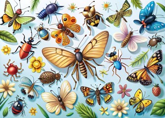 Insects like ants, bees, butterflies, and dragonflies buzz around, their colorful bodies a delight to behold in nature, art, and digital illustration.
