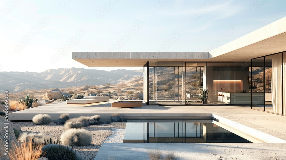 Poster a modern desert home with expansive windows overlooking the landscape. generative ai.