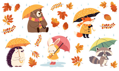 Set of flat vector illustrations in children's style. Cute animals in raincoats and with umbrellas. Hedgehog fox bear raccoon hare in the rain, fall leaves. Vector illustration
