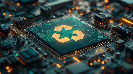 Obraz premium Green and blue printed circuit board with a glowing orange recycling symbol in the center.