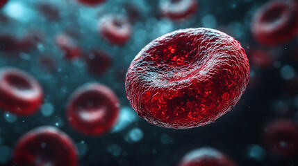 Naklejka premium Vivid red blood cells in motion, depicting hemoglobin transport and circulatory health. Close-up of red blood cells with dynamic motion blur.