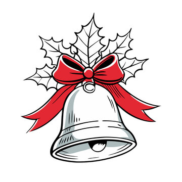 recommend clip art: Christmas Bell Jingle: A festive silver bell, adorned with a vibrant red bow and holly leaves, rings in the holiday spirit with its charming, hand-drawn appeal.  