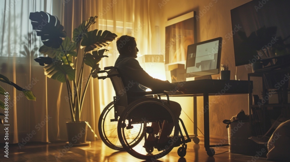 Poster a man in a wheelchair is sitting at a desk with a computer