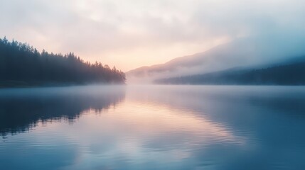 Serene lake at dawn, surrounded by misty mountains and trees.