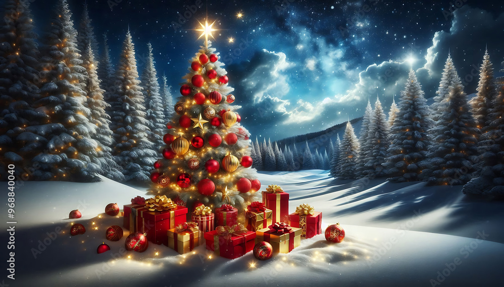 Wall mural A beautifully decorated christmas tree adorned with red and gold ornaments and topped with a bright star stands in a snowy landscape