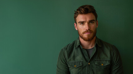 Man with a beard wearing a green shirt standing against a green background with a serious expression