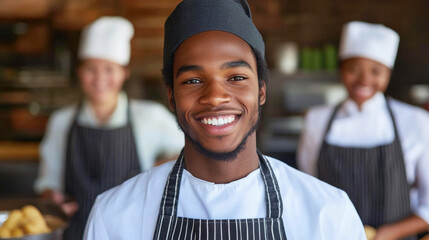 Smiling chef in black chef's hat and striped apron in foreground front two other chefs. Concept of camaraderie and teamwork in the kitchen.