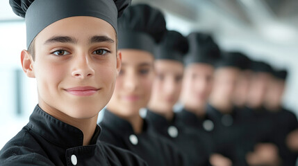 A group of young chefs are lining up, all wearing black hats and uniforms. The boy in front smiles and looks at the camera. Concept of camaraderie and teamwork in the kitchen. Hospitality school
