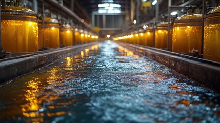 The fermentation process occurs with sugarcane and illuminated tanks filled with liquid