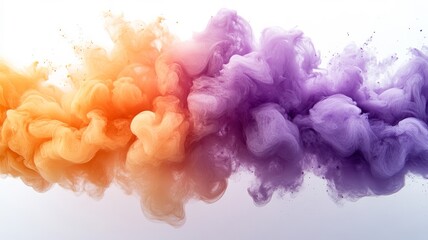 Colorful smoke with orange and purple hues blending on white background