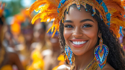 Beautiful woman with a colorful costume and headdress is smiling during a carnival parade