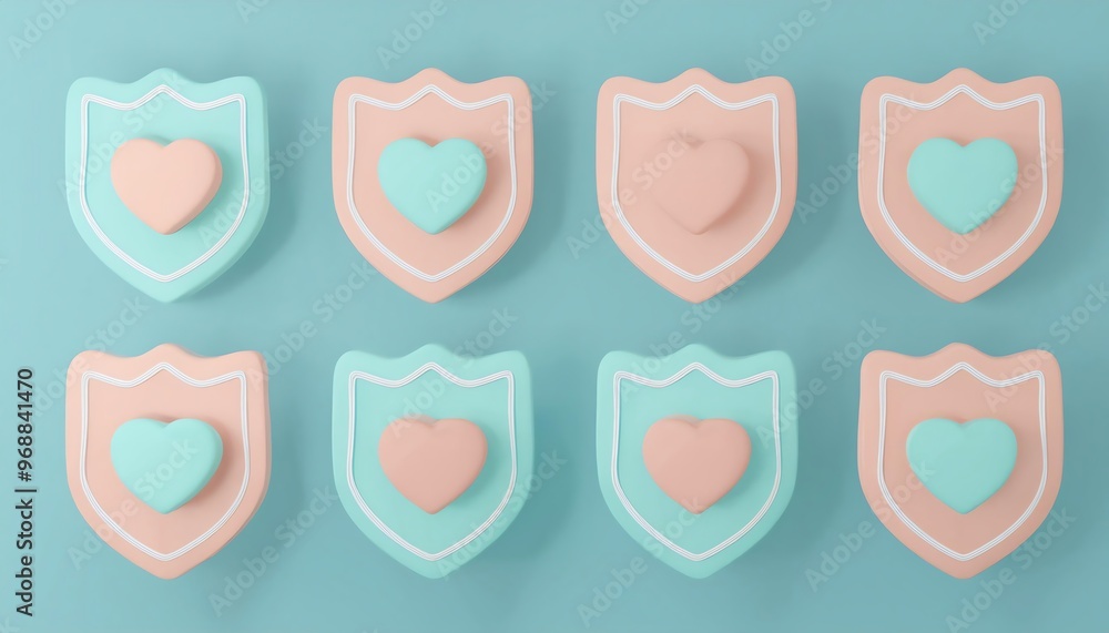 Poster colorful shields with heart motifs arranged in a grid, creating a playful pattern against a soft blu