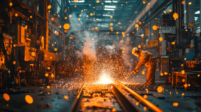 Metal worker in protective gear using a blowtorch to cut a metal beam in a steel fabrication facility