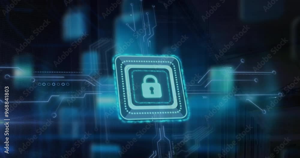 Poster animation of padlock icon and digital data processing over computer circuit board
