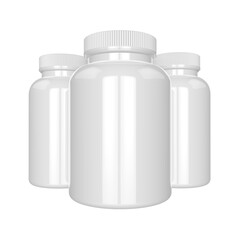 white medicine plastic supplement bottle group front angle view