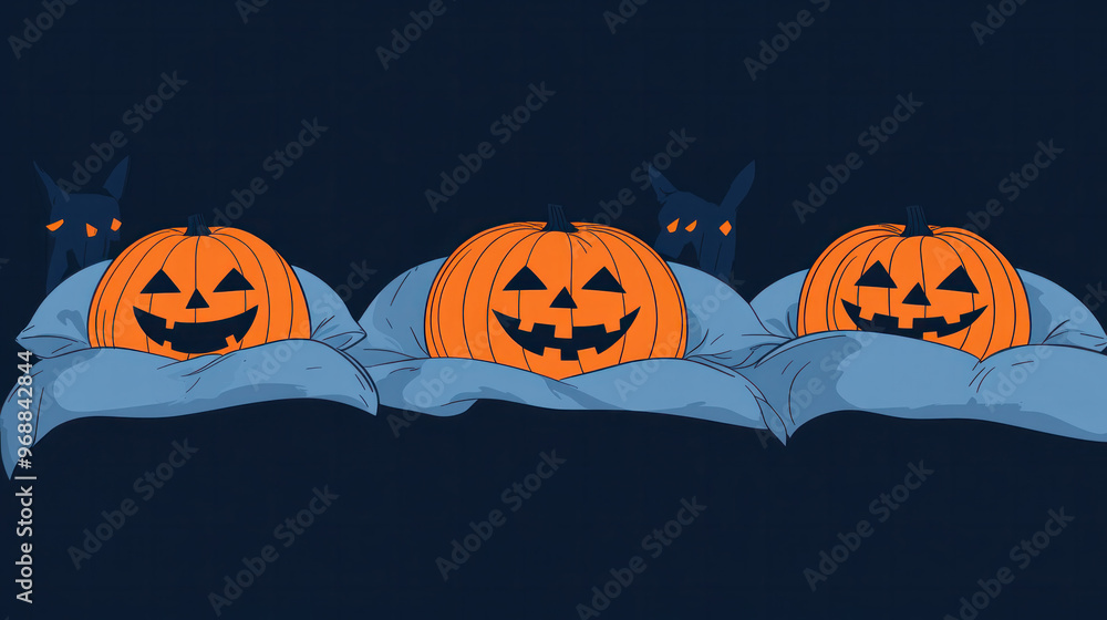 Aufkleber three pumpkins are smiling on a bed. scene is happy and playful. the idea is to create a fun and lig