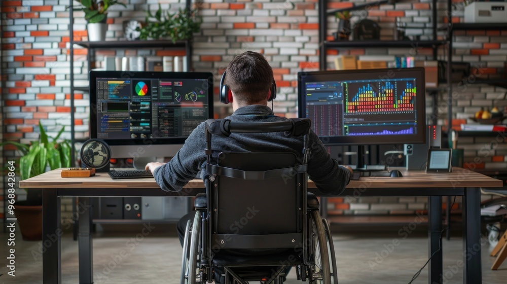 Poster a man in a wheelchair is sitting at a desk with two computer monitors