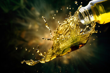 Fresh and delicious olive oil pouring from the bottle into a salad bowl, highlighting its health and flavor