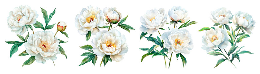 Watercolor set of white peony flowers png. Set of beautiful flower for wedding and invitation. Watercolor botany.