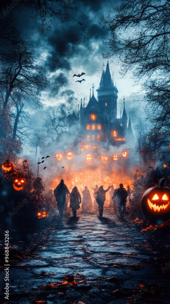 Poster a group of people are walking down a path in front of a castle. the castle is surrounded by trees an